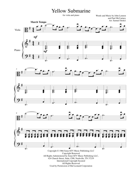 Free Sheet Music Yellow Submarine For Viola With Piano