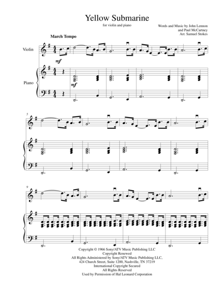 Yellow Submarine For Violin With Piano Sheet Music