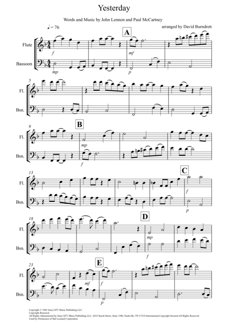 Yesterday For Flute And Bassoon Duet Sheet Music