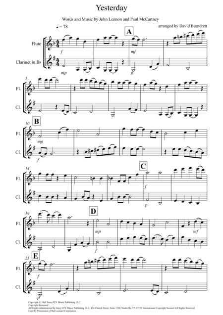 Free Sheet Music Yesterday For Flute And Clarinet Duet