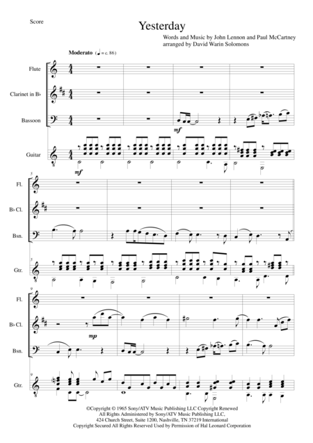 Free Sheet Music Yesterday For Flute Clarinet Bassoon And Guitar