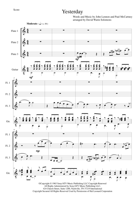 Free Sheet Music Yesterday For Flute Trio And Guitar