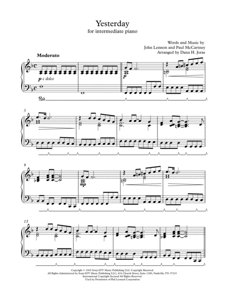 Free Sheet Music Yesterday For Intermediate Piano