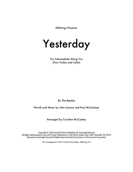 Yesterday For String Trio Two Violins And Cello Sheet Music