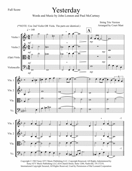 Free Sheet Music Yesterday For String Trio