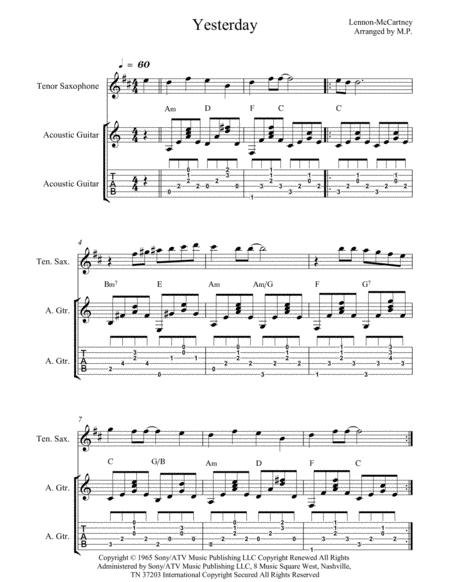 Free Sheet Music Yesterday For Tenor Saxophone And Guitar Early Intermediate