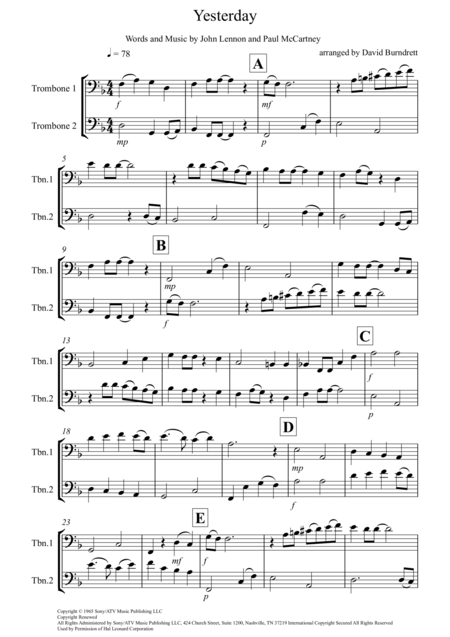 Free Sheet Music Yesterday For Trombone Duet