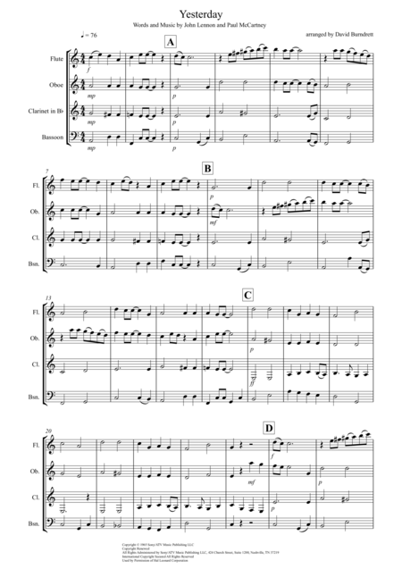 Free Sheet Music Yesterday For Wind Quartet