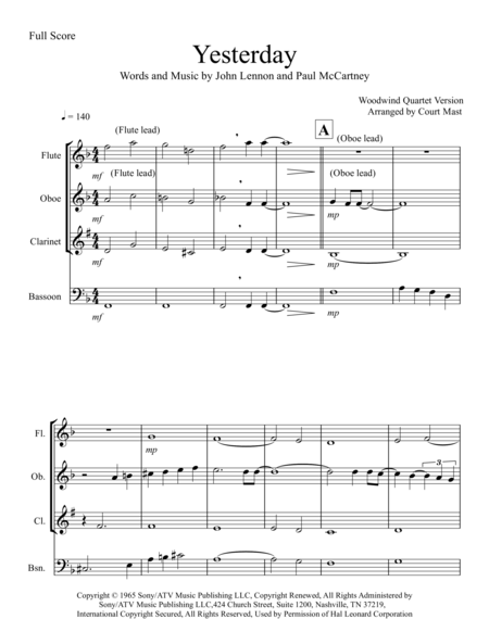 Free Sheet Music Yesterday For Woodwind Quartet