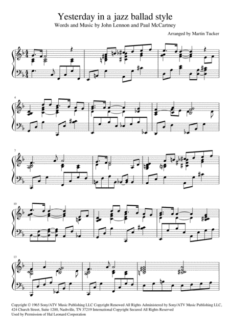 Yesterday In A Jazz Ballad Style Sheet Music