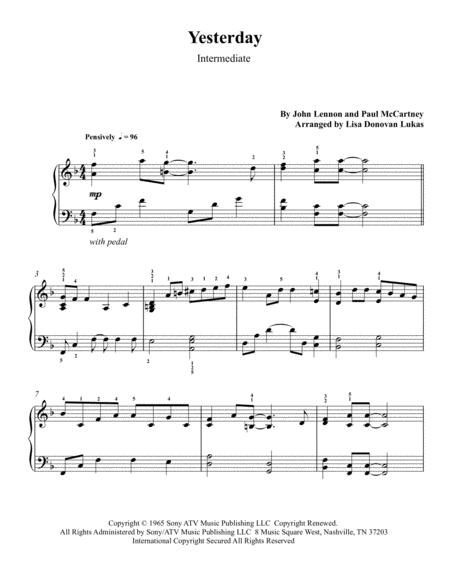 Yesterday Intermediate Piano Sheet Music