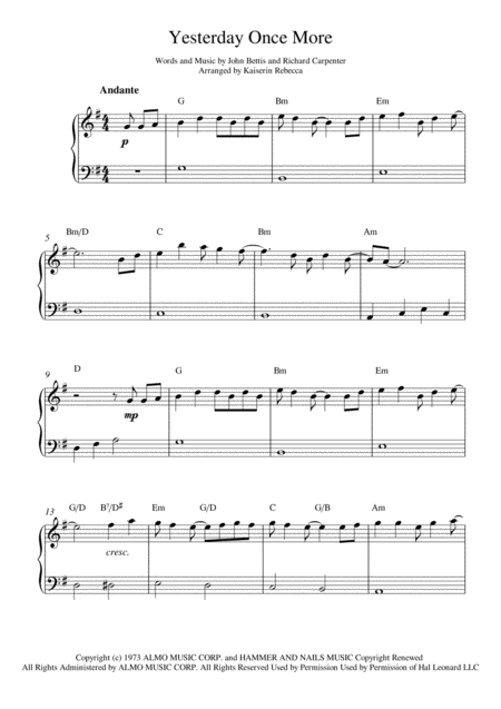 Yesterday Once More Easy Piano Solo With Chords Sheet Music