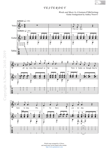 Free Sheet Music Yesterday Sheet Music For Vocals And Guitar