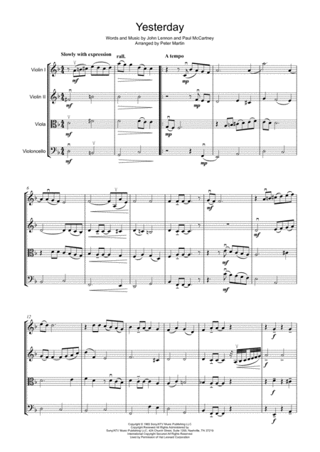 Yesterday String Quartet Sheet Music