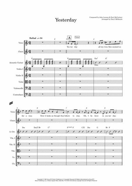 Yesterday Voice Choir Acoustic Guitar String Quintet Or String Orchestra Key Of F Sheet Music