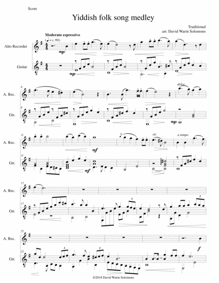 Yiddish Folk Song Medley For Alto Recorder And Guitar Sheet Music