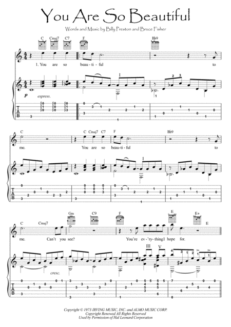 Free Sheet Music You Are So Beautiful Guitar Fingerstyle