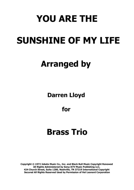 You Are The Sunshine Of My Life Brass Trio Sheet Music