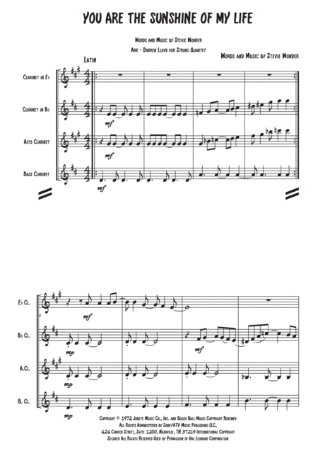 You Are The Sunshine Of My Life Clarinet Quartet Sheet Music