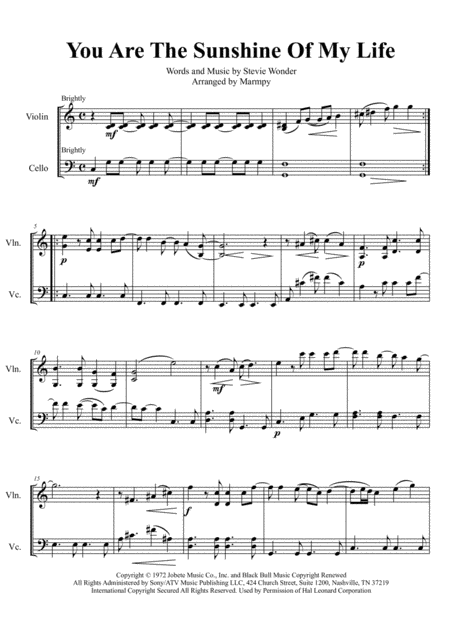 You Are The Sunshine Of My Life Stevie Wonder Arranged For String Duet Sheet Music