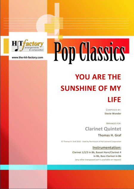 You Are The Sunshine Of My Life Stevie Wonder Classic Clarinet Quintet Sheet Music