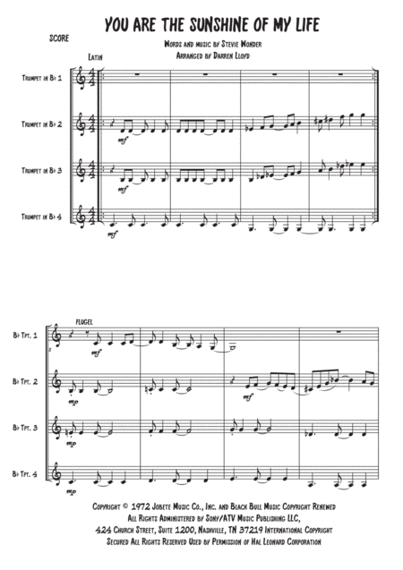 Free Sheet Music You Are The Sunshine Of My Life Trumpet Quartet