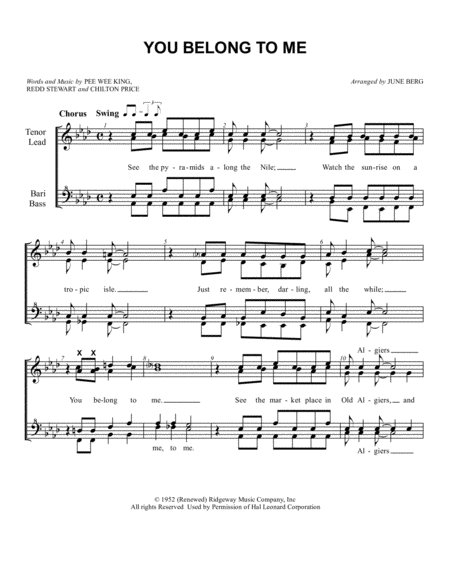 Free Sheet Music You Belong To Me For Womens Quartet