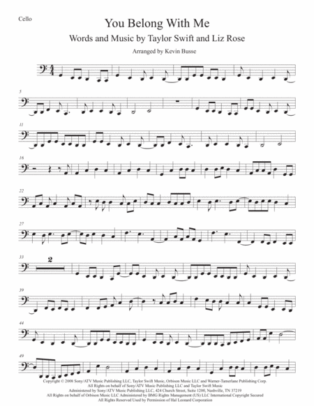 You Belong With Me Easy Key Of C Cello Sheet Music