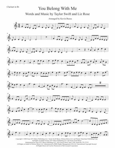 You Belong With Me Easy Key Of C Clarinet Sheet Music