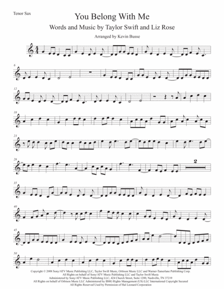 You Belong With Me Easy Key Of C Tenor Sax Sheet Music