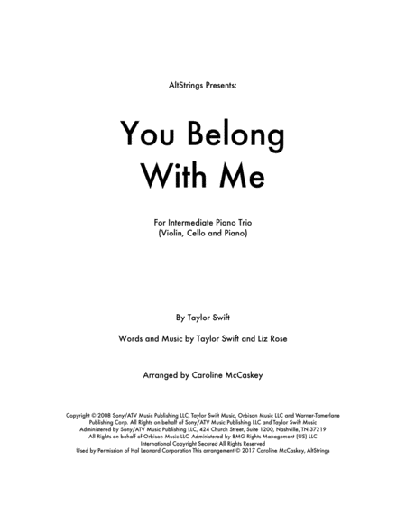 You Belong With Me Piano Trio Violin Cello And Piano Sheet Music