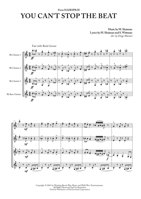 Free Sheet Music You Cant Stop The Beat From Hairspray For Clarinet Quartet