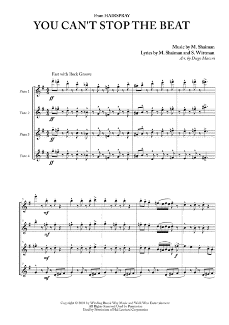 You Cant Stop The Beat From Hairspray For Flute Quartet Sheet Music