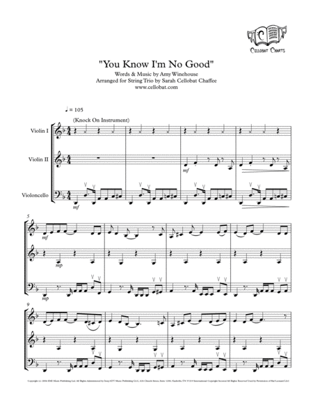 Free Sheet Music You Know I M No Good String Trio 2 Violins Cello Amy Winehouse Arr Cellobat