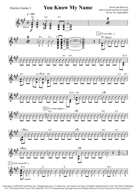 Free Sheet Music You Know My Name E Guitar Transcription Of Chris Cornells Original Recording For James Bond