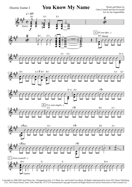 You Know My Name E Guitar Transcription Of Chris Cornells Original Recording For James Bond Sheet Music