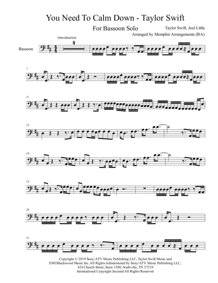 You Need To Calm Down Bassoon Solo Sheet Music