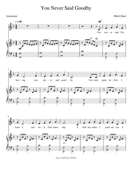 You Never Said Goodby Sheet Music