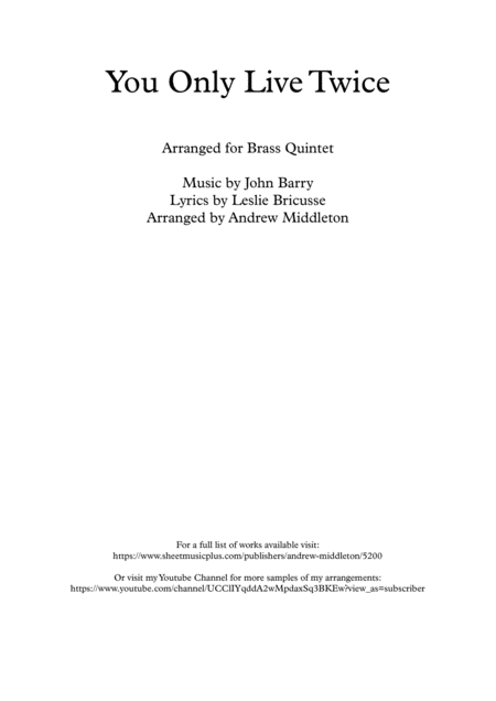 You Only Live Twice Arranged For Brass Quintet Sheet Music