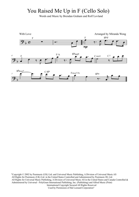 You Raise Me Up 2 Cellos And Piano In F Key With Chords Sheet Music