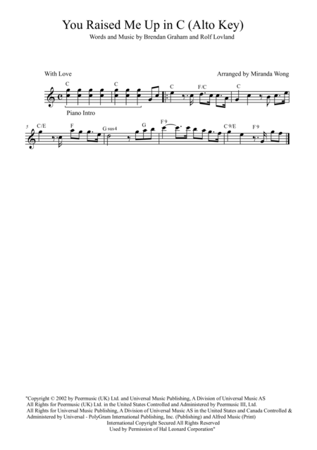 You Raise Me Up Alto Saxophone Solo Lead Sheet In C Sheet Music