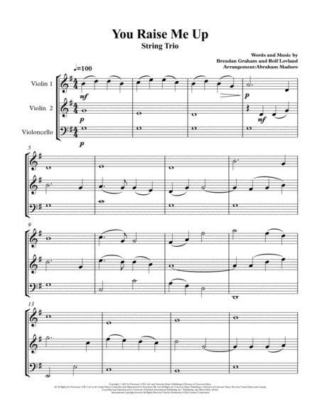 You Raise Me Up By Josh Groban 2 Violins And Cello Trio 2 Versions Included Sheet Music