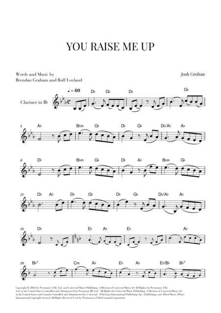 Free Sheet Music You Raise Me Up Clarinet Solo