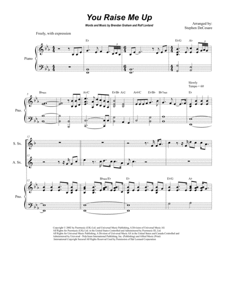 You Raise Me Up Duet For Soprano And Alto Saxophone Sheet Music