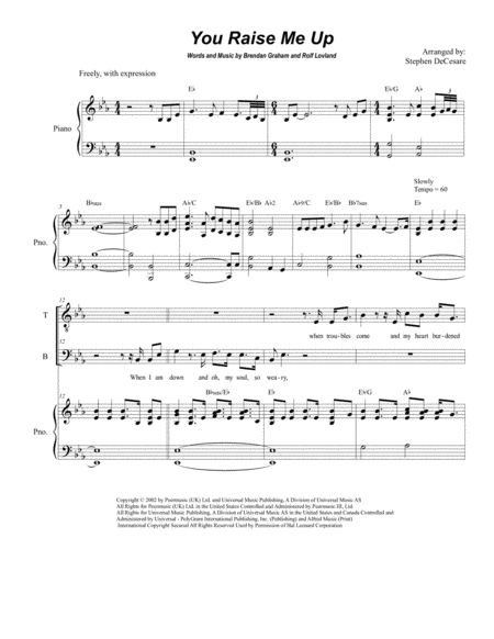 Free Sheet Music You Raise Me Up Duet For Tenor And Bass Solo