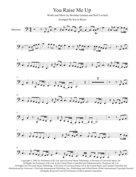 You Raise Me Up Easy Key Of C Bassoon Sheet Music