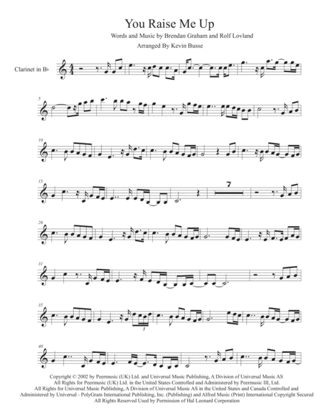 Free Sheet Music You Raise Me Up Easy Key Of C Clarinet