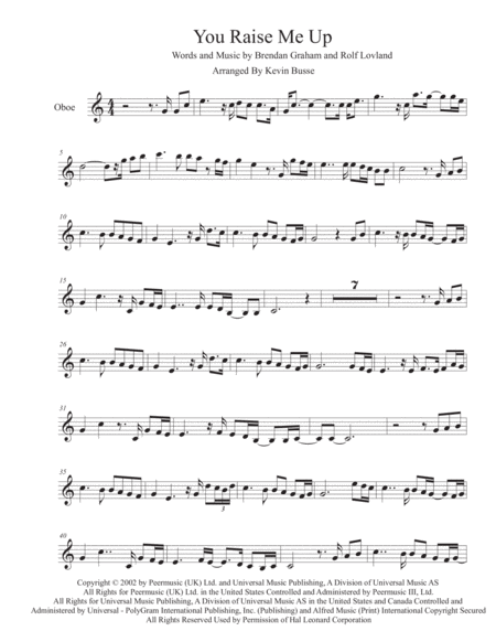 You Raise Me Up Easy Key Of C Oboe Sheet Music