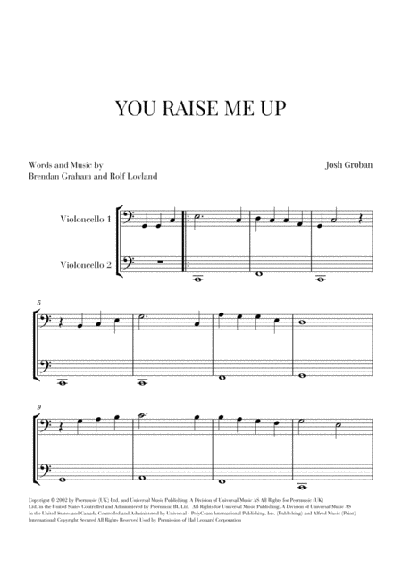 Free Sheet Music You Raise Me Up For 2 Cellos Easy