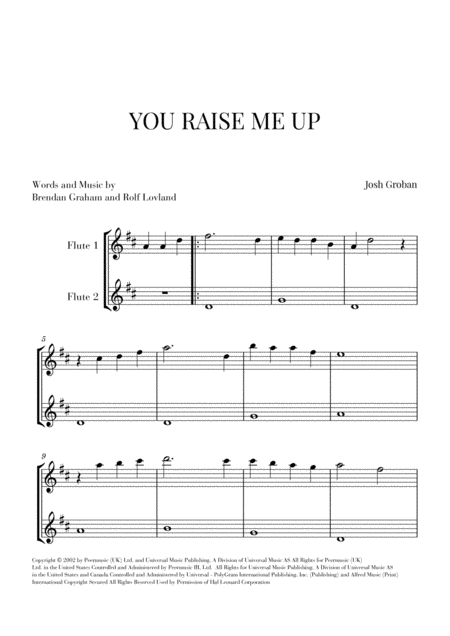 You Raise Me Up For 2 Flutes Easy Sheet Music